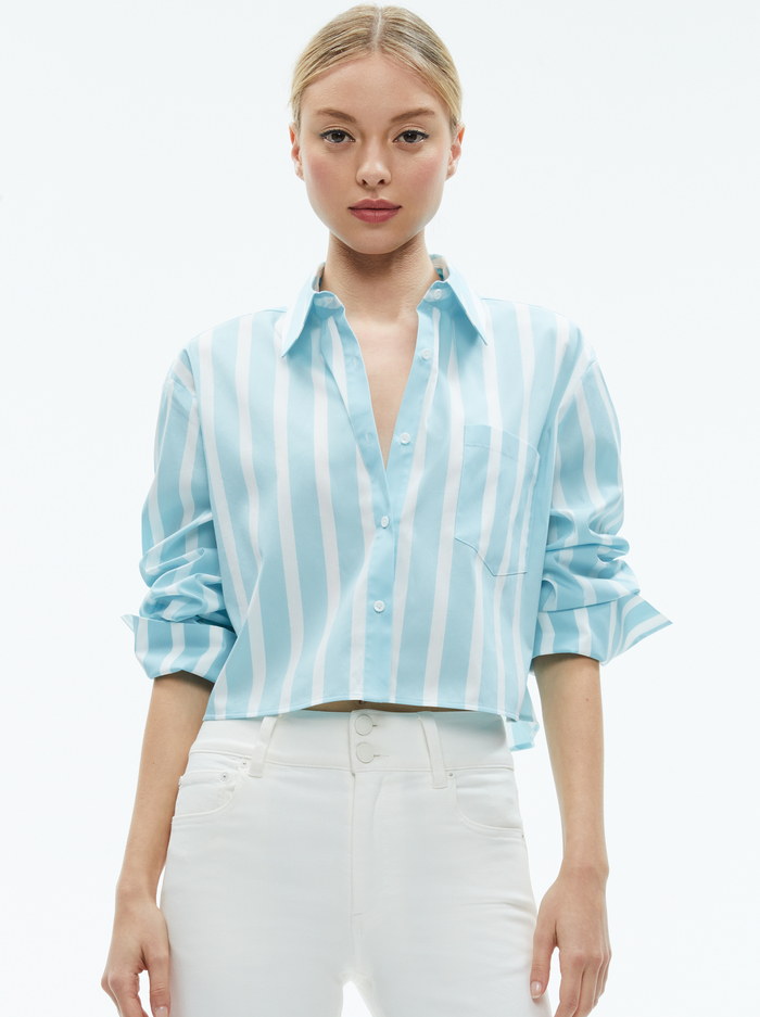 FINELY CROPPED BUTTON DOWN - DREAM STRIPE SPRING SKY - Alice And Olivia