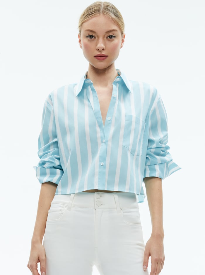 FINELY CROPPED OVERSIZED BUTTON DOWN SHIRT - DREAM STRIPE SPRING SKY - Alice And Olivia