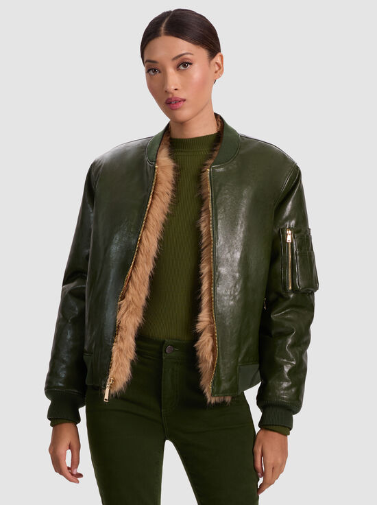 DARK OLIVE/CAMEL-BECKY REVERSIBLE FAUX FUR BOMBER JACKET