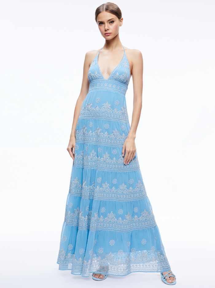 Karolina Embroidered Halter Neck Maxi Dress In Oxford Blue/silver