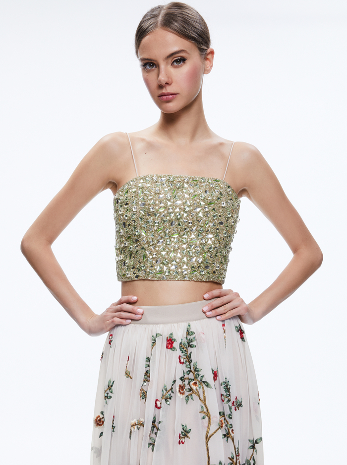 CERESI EMBELLISHED CROPPED BANDEAU TOP - CHAMPAGNE/MULTI - Alice And Olivia