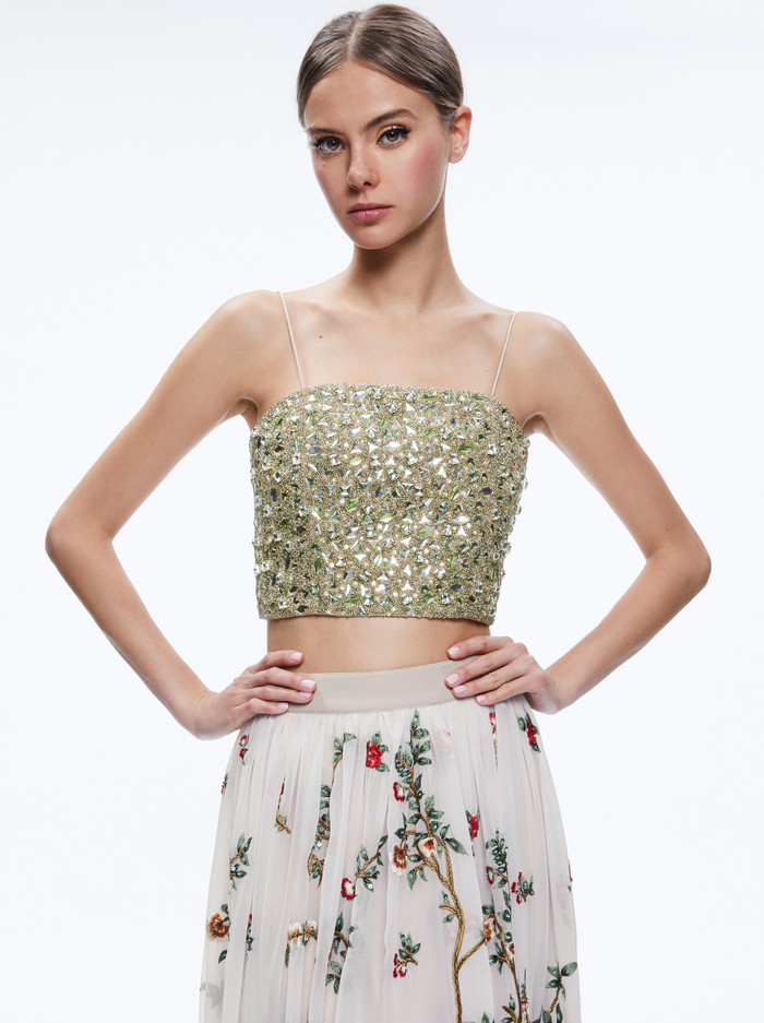 CERESI EMBELLISHED CROPPED BANDEAU TOP - CHAMPAGNE/MULTI - Alice And Olivia
