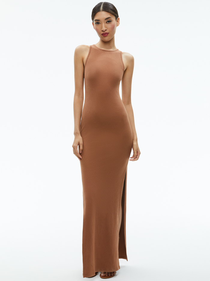 PANIA RACERBACK RIBBED SIDE SLIT MAXI DRESS - CAMEL - Alice And Olivia