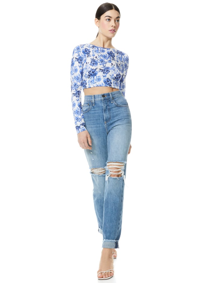 DELAINA FLORAL CREW NECK CROP TOP - FORGET ME NOT LG ANTIQUE WHITE image 3 - ALICE + OLIVIA