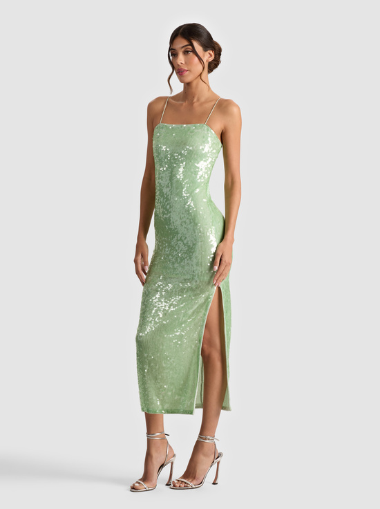GREEN TEA-FIFI SEQUIN MIDI DRESS