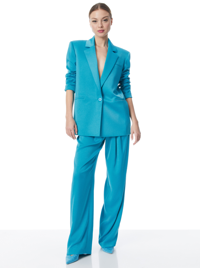 SHAN RUCHED SLEEVE BLAZER + ATIA HIGH WAISTED PLEATED SUIT PANTS - 