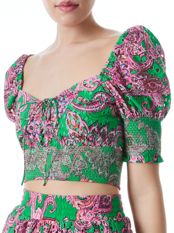 CRAWFORD LACE UP SMOCKED TOP - SPRING PAISLEY GARDEN GREEN image 3 - Alice And Olivia