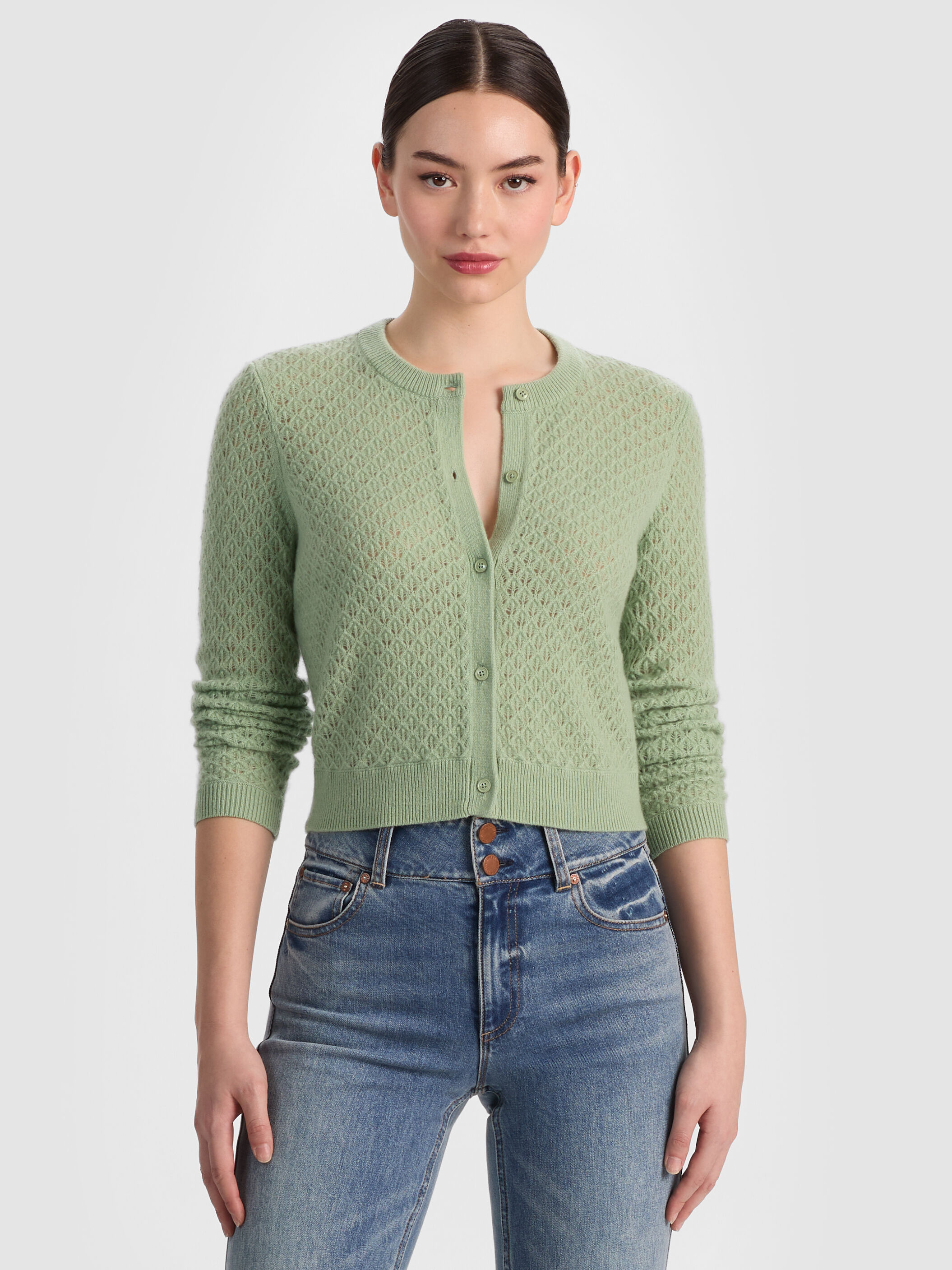 DOLLIE POINTELLE CASHMERE CARDIGAN in SAGE | ALICE + OLIVIA