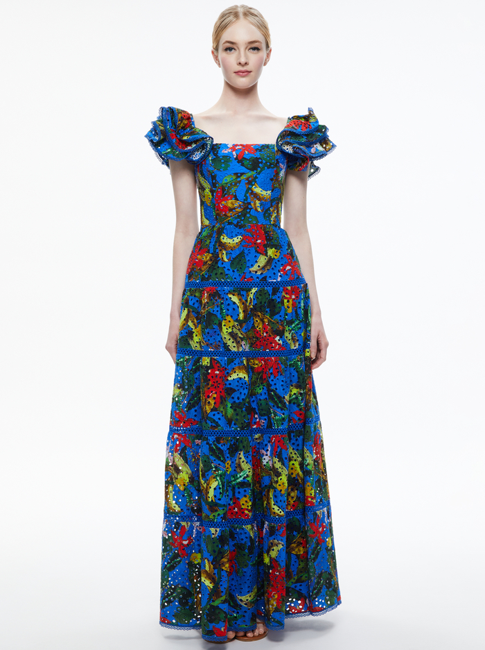TAWNY EYELET SQUARE NECK MAXI DRESS - TROPICAL SUNRISE SAPPHIRE - Alice And Olivia