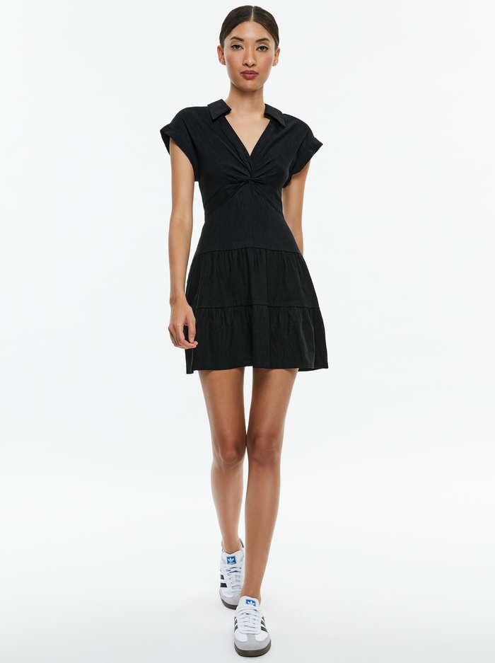 MILA LINEN TWIST FRONT MINI DRESS - BLACK - Alice And Olivia