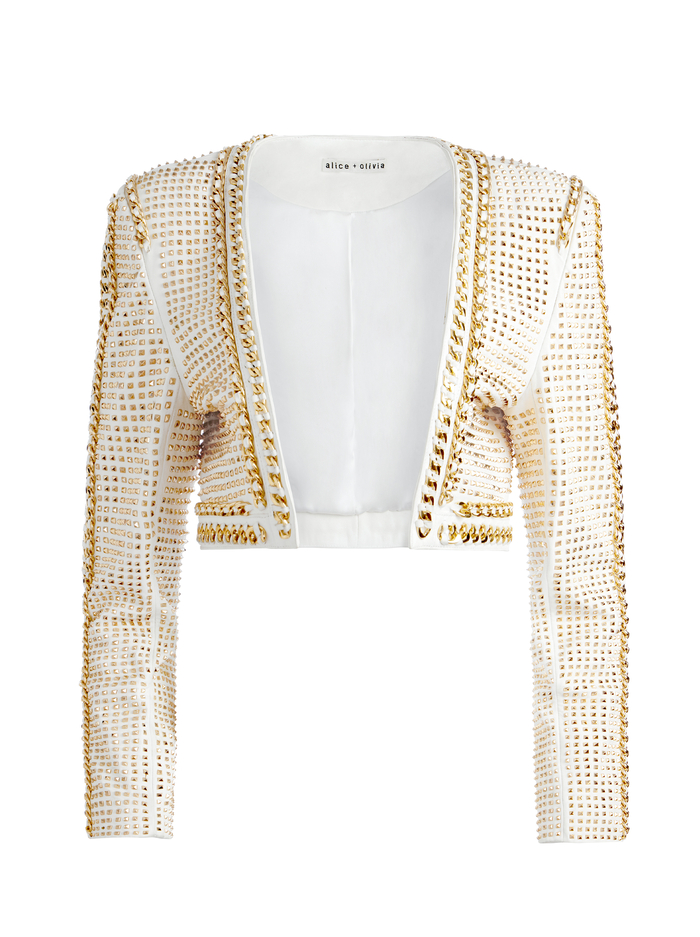 MAIRA CROPPED JACKET WITH CHAIN TRIM - SOFT WHITE/PALE GOLD image 5 - Alice And Olivia