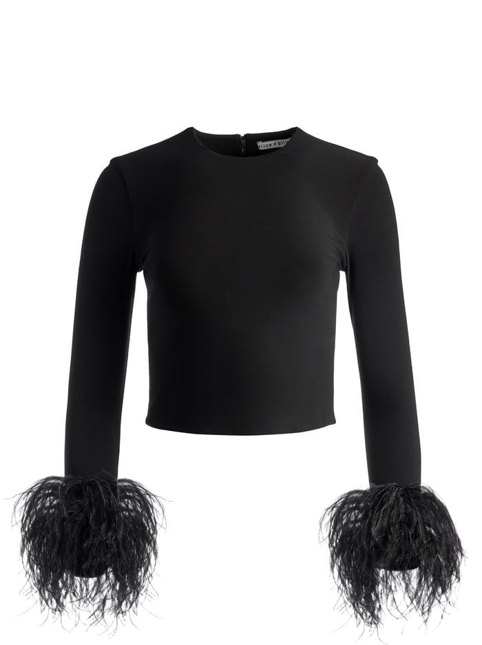 DELAINA FEATHER CUFF SLEEVE TOP - BLACK image 5 - Alice And Olivia