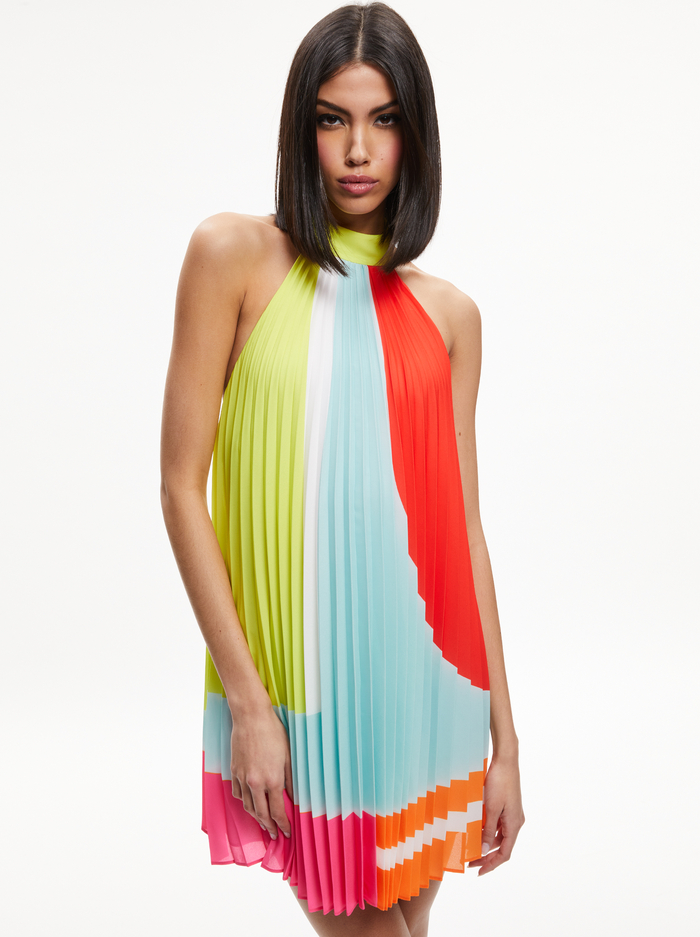 AVIANA HALTERNECK SUNBURST PLEATED MINI DRESS - TAKING SIDES GEO - Alice And Olivia