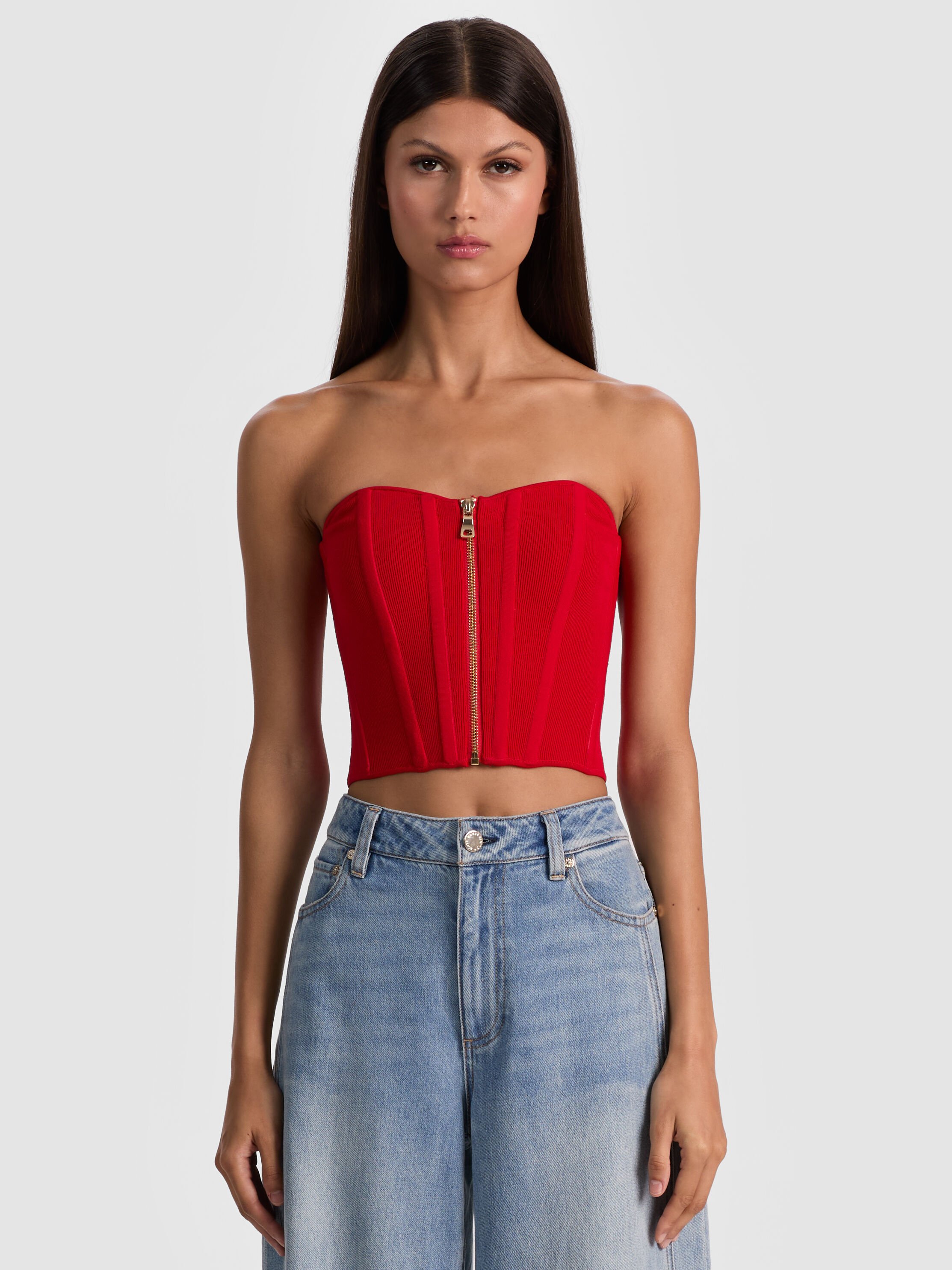 Tasha Zip Front Corset In Perfect Ruby | Alice + Olivia