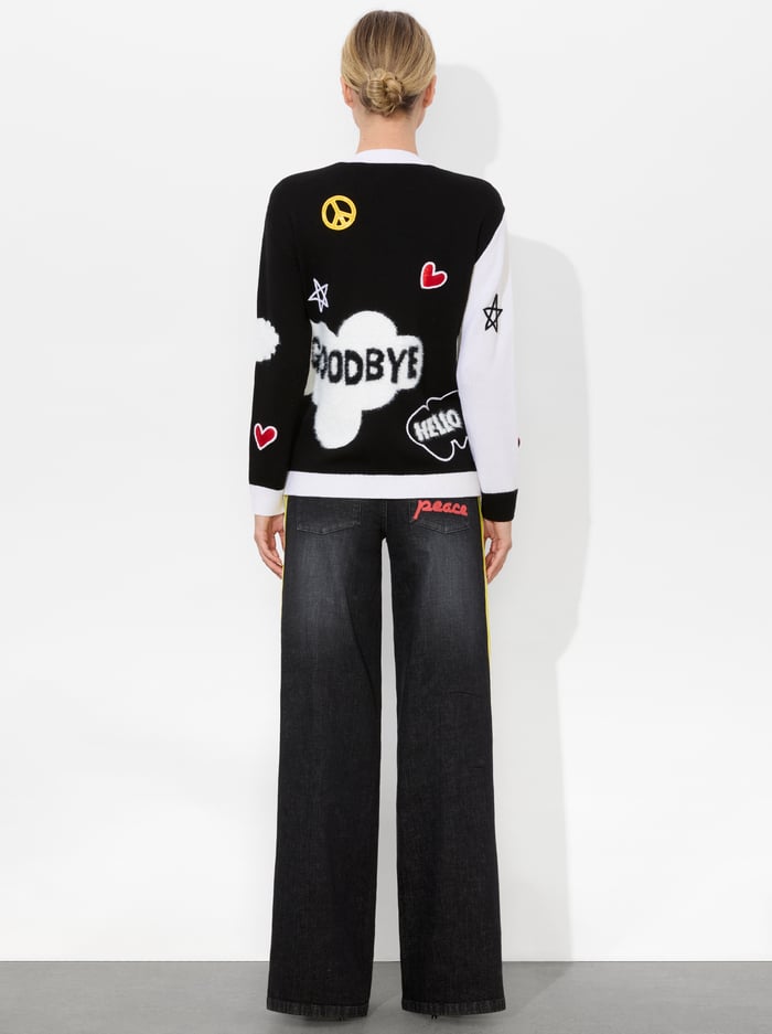 A+O X THE BEATLES BRADFORD CARDIGAN - SOFT WHITE/BLACK MULTI image 3 - Alice And Olivia