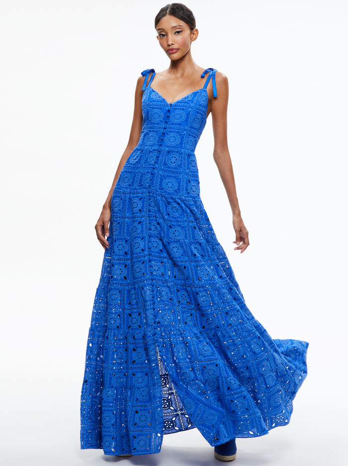 SHANTI EYELET BUTTON FRONT TIERED DRESS - SAPPHIRE - Alice And Olivia