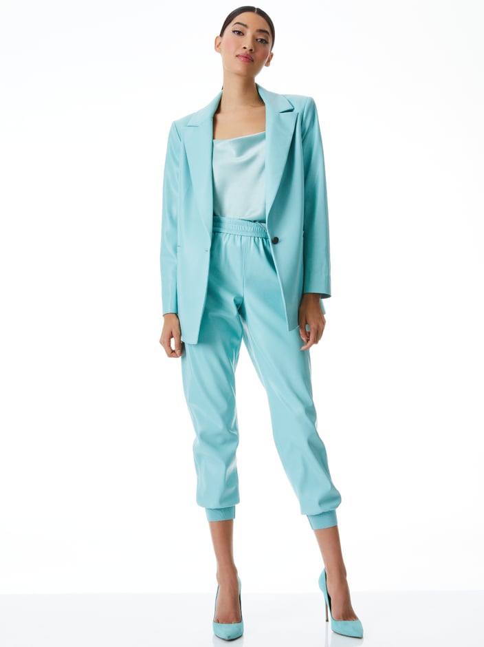 DUNN ROLL CUFF VEGAN LEATHER BLAZER + PETE LOW RISE VEGAN LEATHER PANT -
