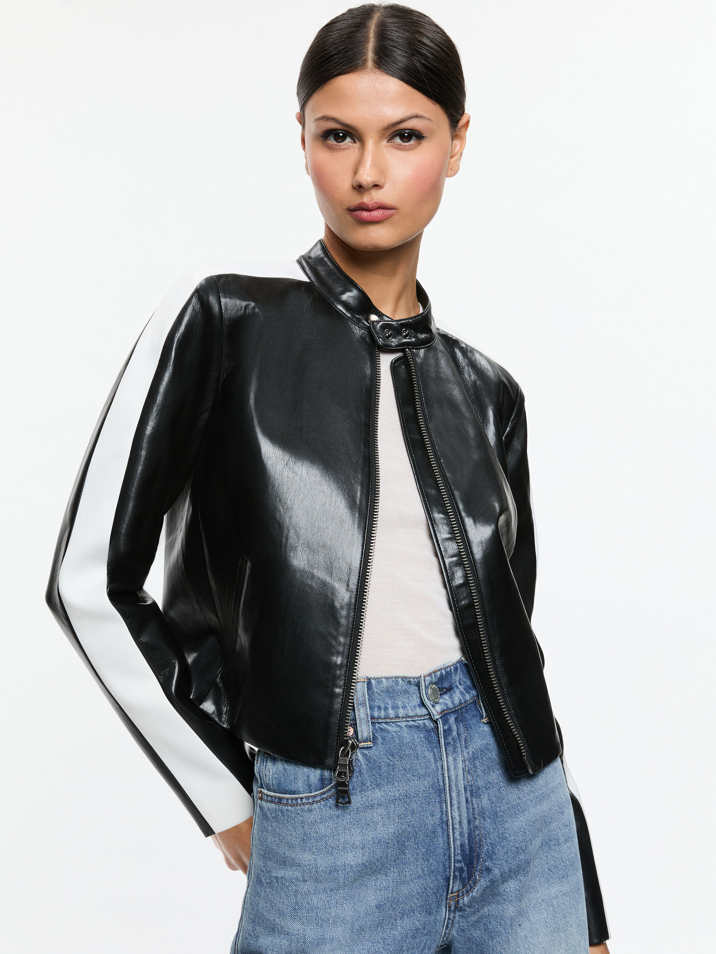 Rickie Vegan Leather Racer Jacket In Black Alice Olivia