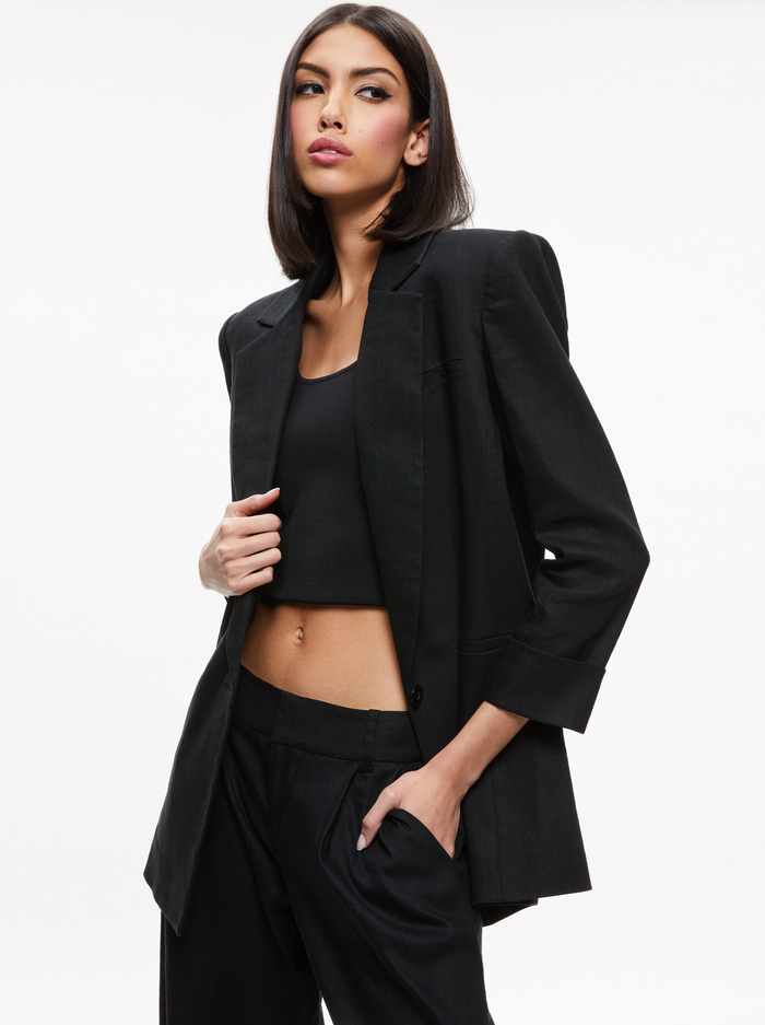 SHAN LINEN ROLLED CUFF BLAZER - BLACK - Alice And Olivia