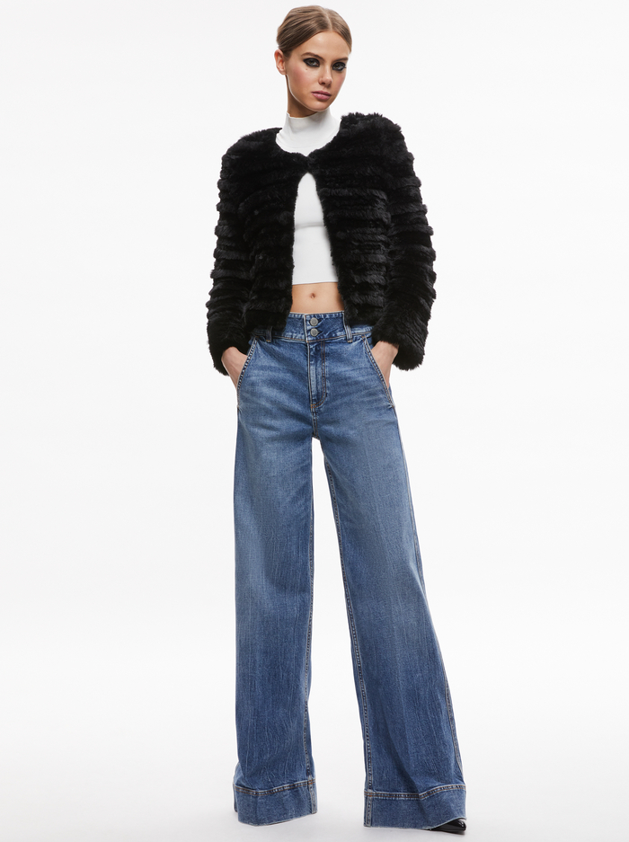 Fawn Faux Fur Textured Jacket In Black | Alice And Olivia