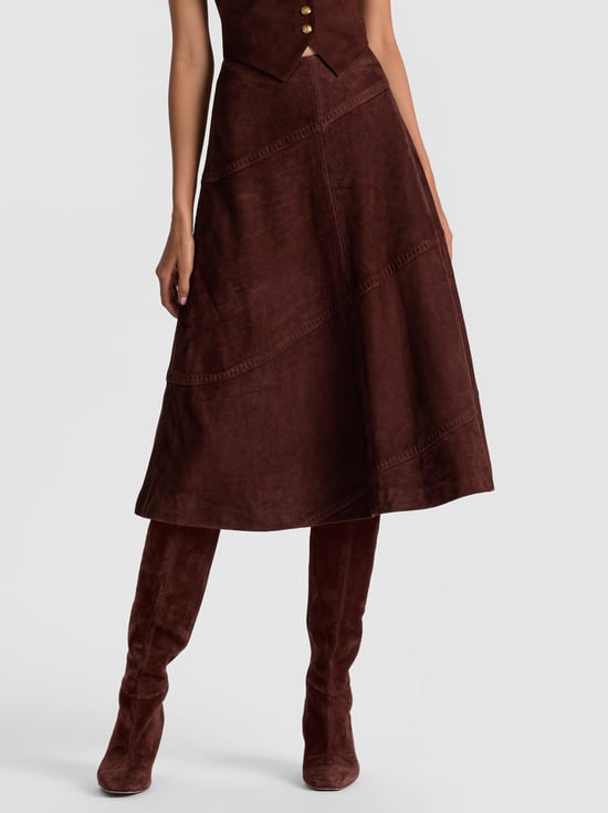 DARK CHOCOLATE-SOSIE SUEDE MIDI SKIRT