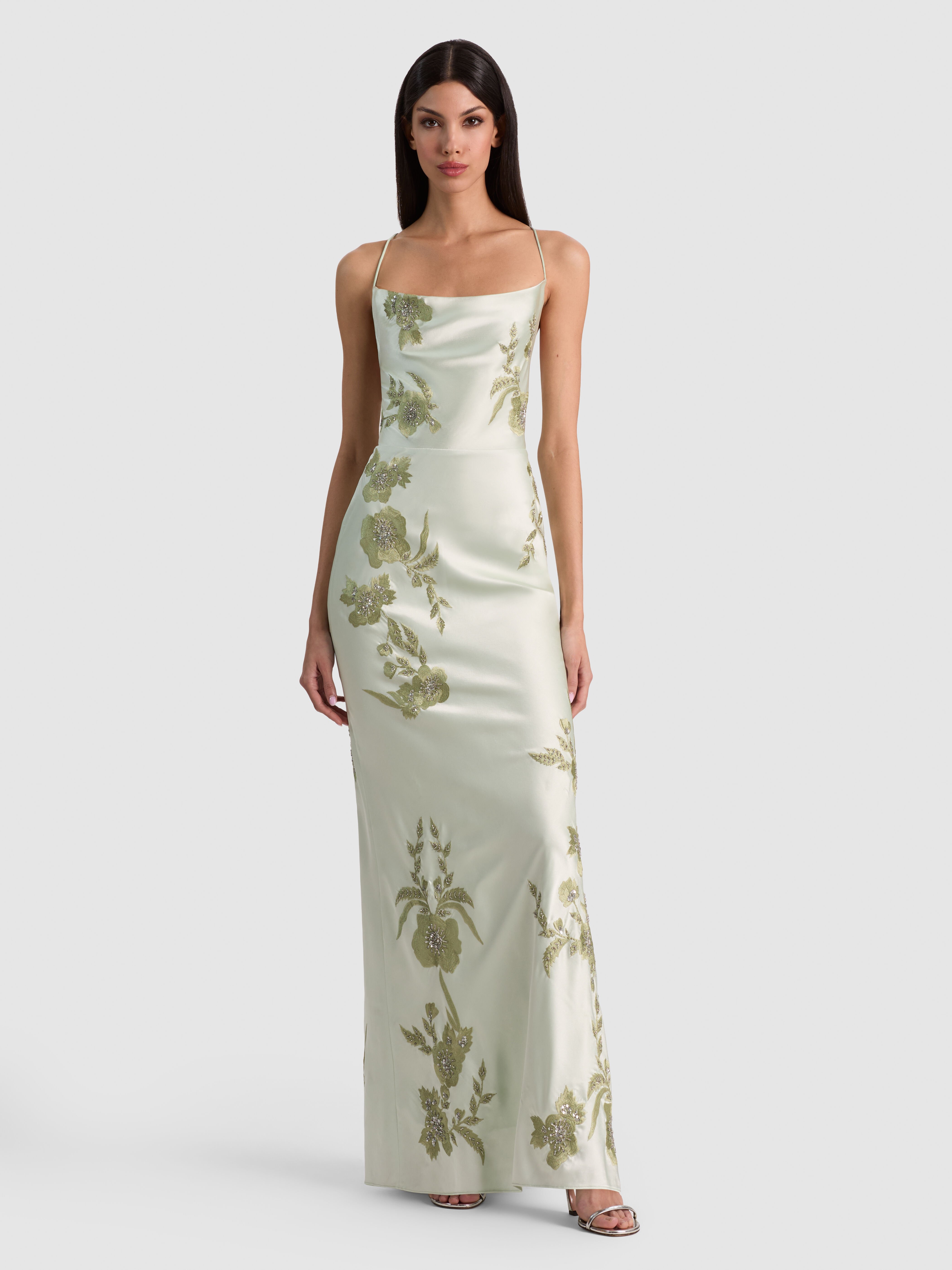 MONTANA EMBELLISHED MAXI SLIP DRESS in GREEN LILY | ALICE + OLIVIA