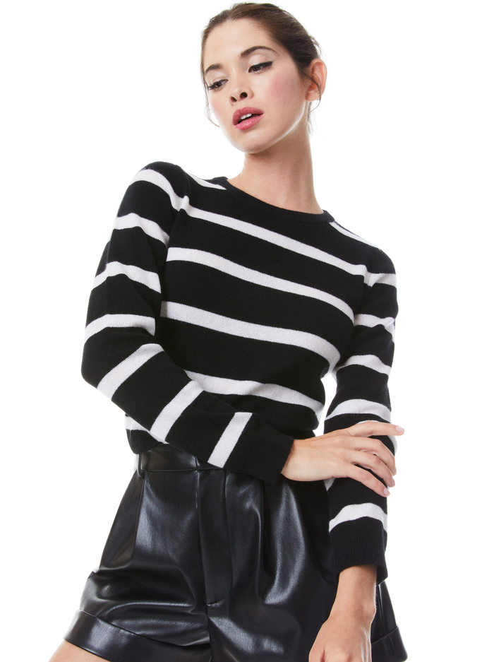 LUNA STRIPED CREWNECK - BLACK/ECRU - Alice And Olivia