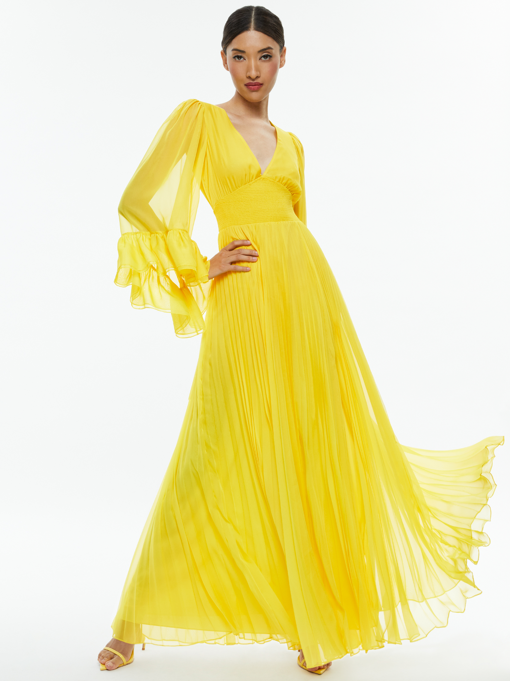 Selene Deep V Neck Pleated Maxi Dress In Happy Yellow | Alice + Olivia