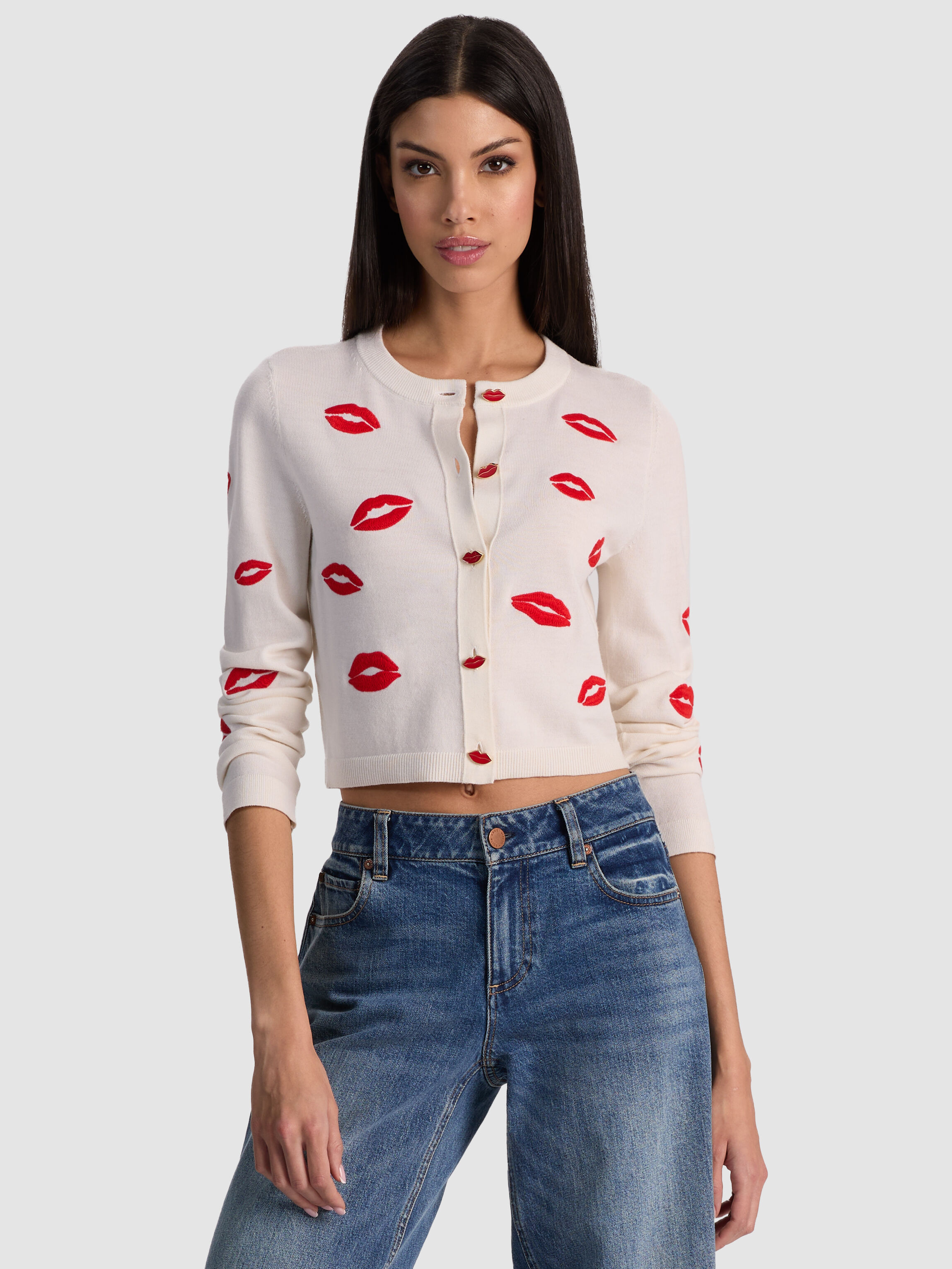 DARODA LIP CARDIGAN in SOFT WHITE MULTI | ALICE + OLIVIA