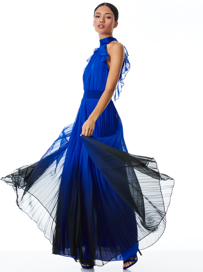 DITA BOW NECK OPEN BACK PLEATED MAXI DRESS - WINTER OMBRE ROYALTY image 4 - Alice And Olivia
