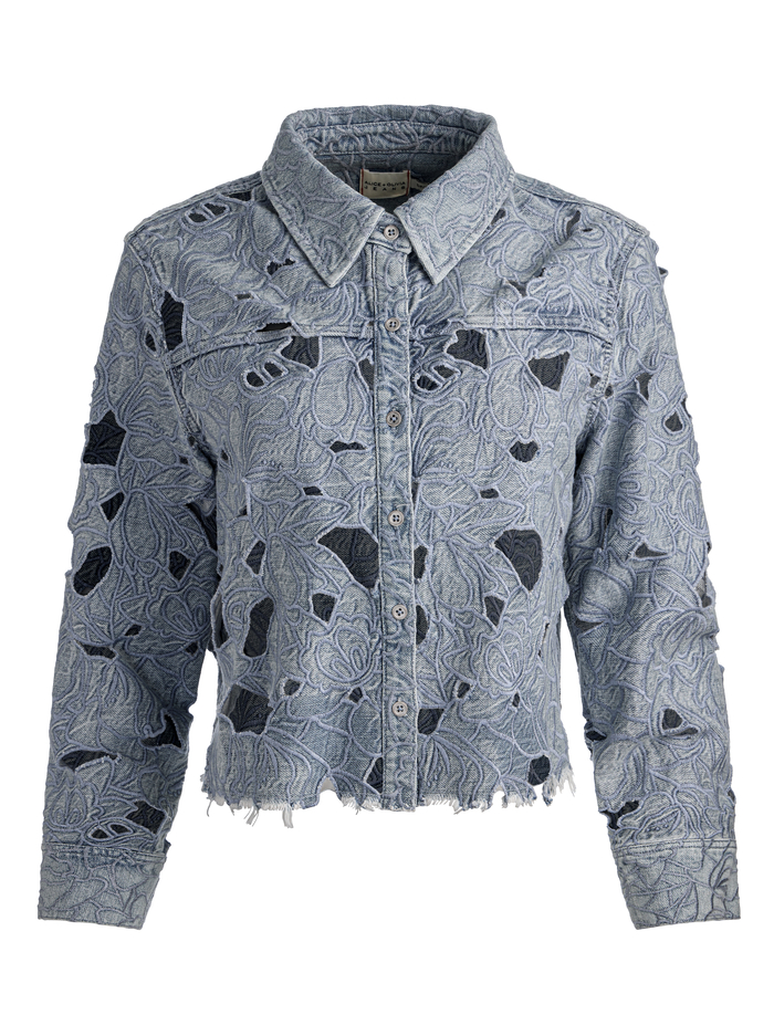 FINELY LASER-CUT DENIM SHIRT - ROCKSTAR BLUE image 5 - ALICE + OLIVIA