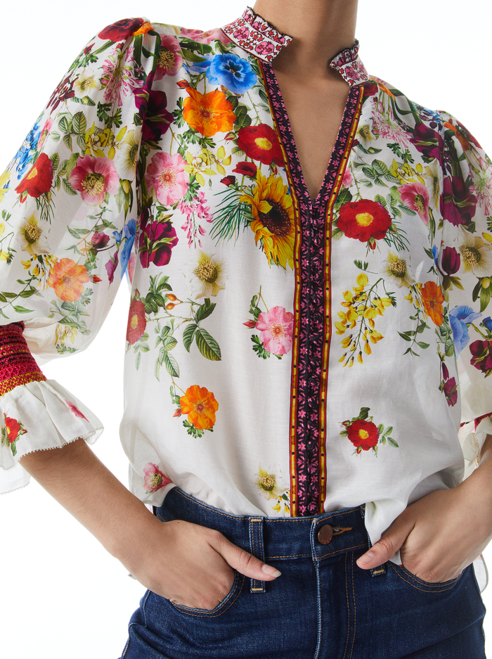 ILAN SMOCKED SLEEVE BUTTON FRONT BLOUSE - SUNDAY STROLL OFF WHITE/MULTI image 3 - Alice And Olivia