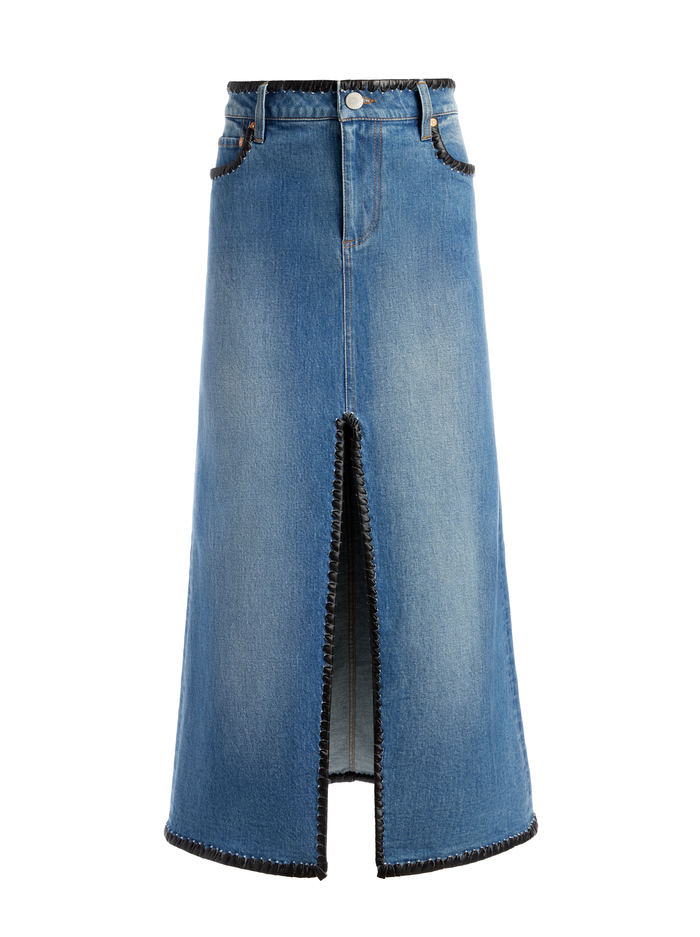 RYE DENIM MAXI SKIRT WITH VEGAN LEATHER - LOLA BLUE/BLACK image 5 - Alice And Olivia