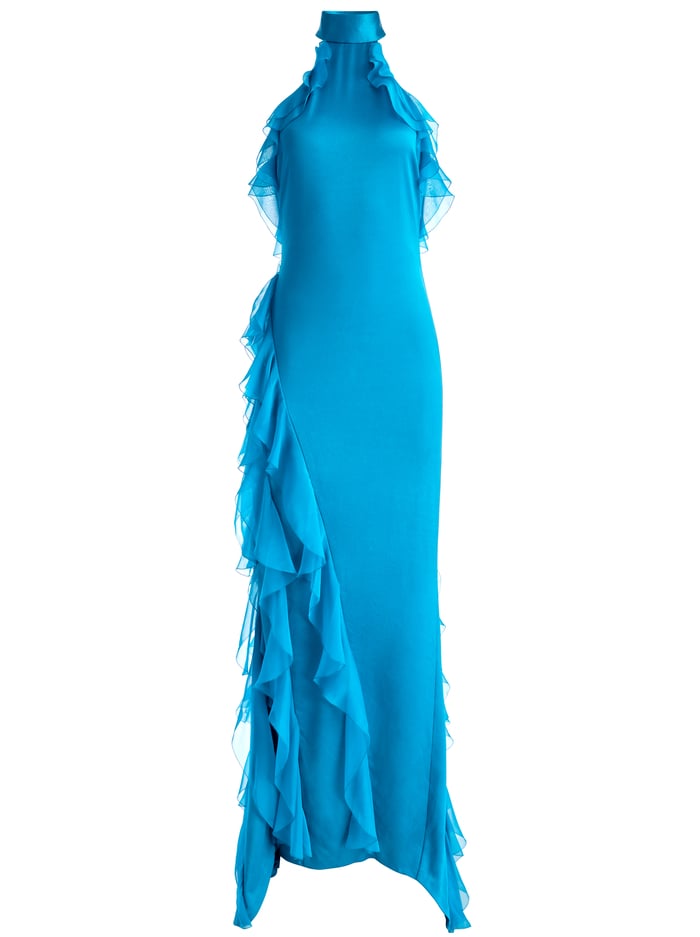 AMARIS RUFFLE HALTER NECK GOWN - TURKISH BLUE image 4 - Alice And Olivia