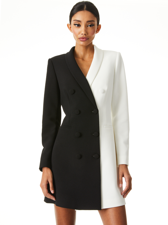 KYRIE COMBO TUXEDO DRESS - BLACK/OFF WHITE image 2 - Alice And Olivia