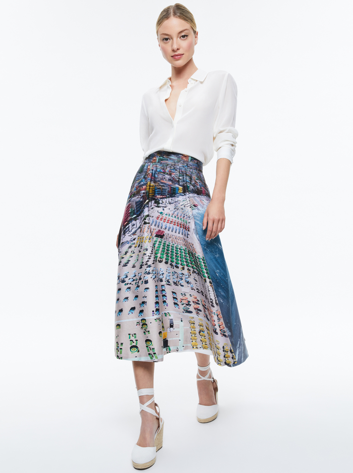 EARLA HIGH RISE FLARE SKIRT - WHISPERING WAVES image 5 - Alice And Olivia