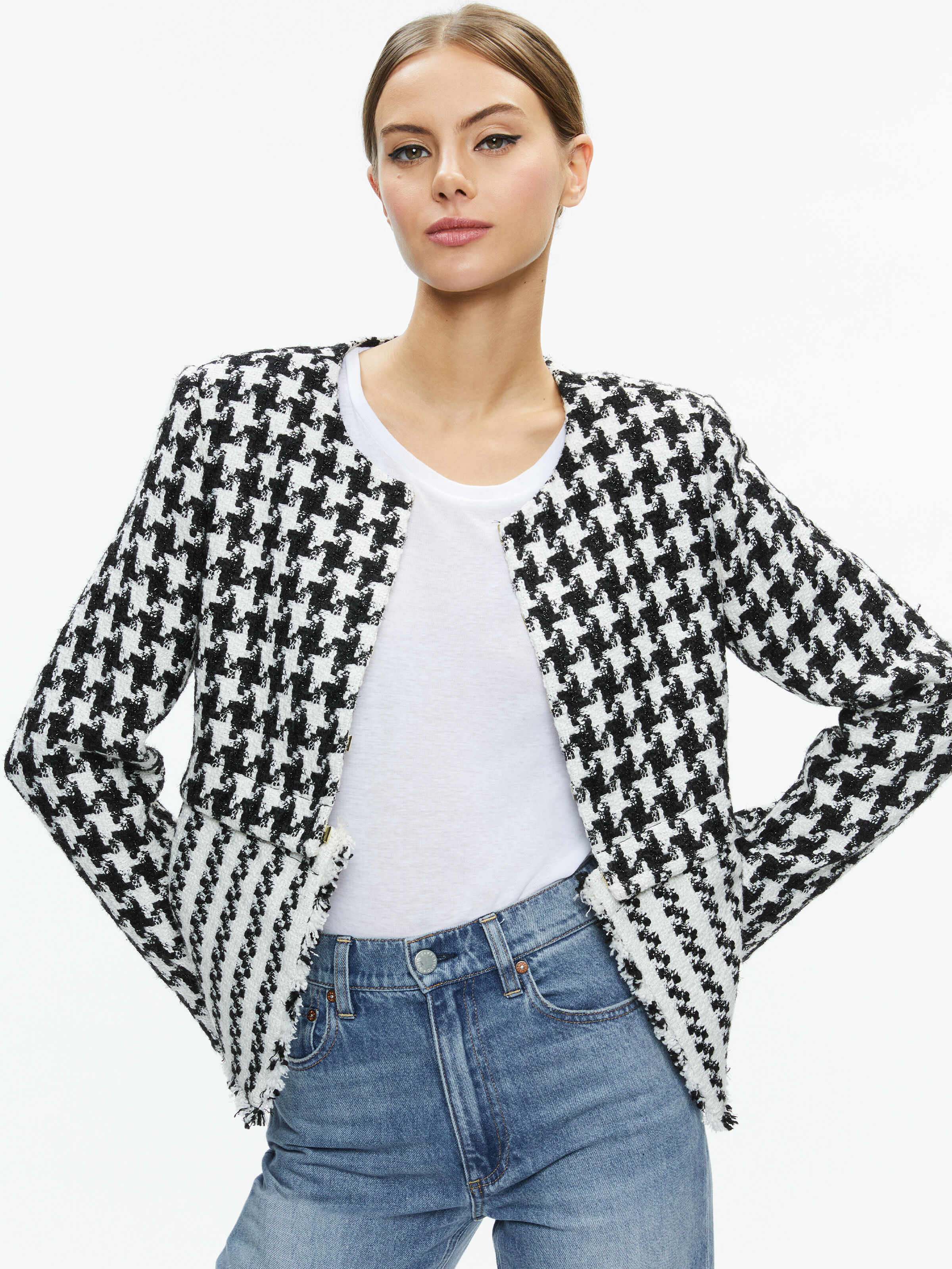 Kidman Two-fer Tweed Jacket In Black/off White | Alice And Olivia