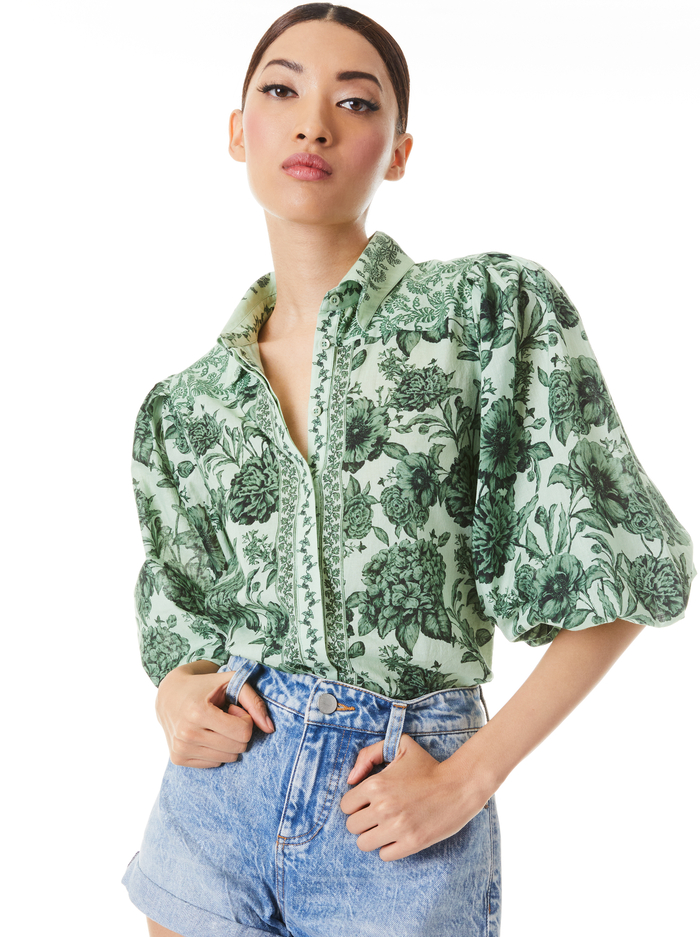 TIFFIE PUFF SLEEVE BLOUSE - JOURNEY FLORAL LIGHT SAGE - Alice And Olivia
