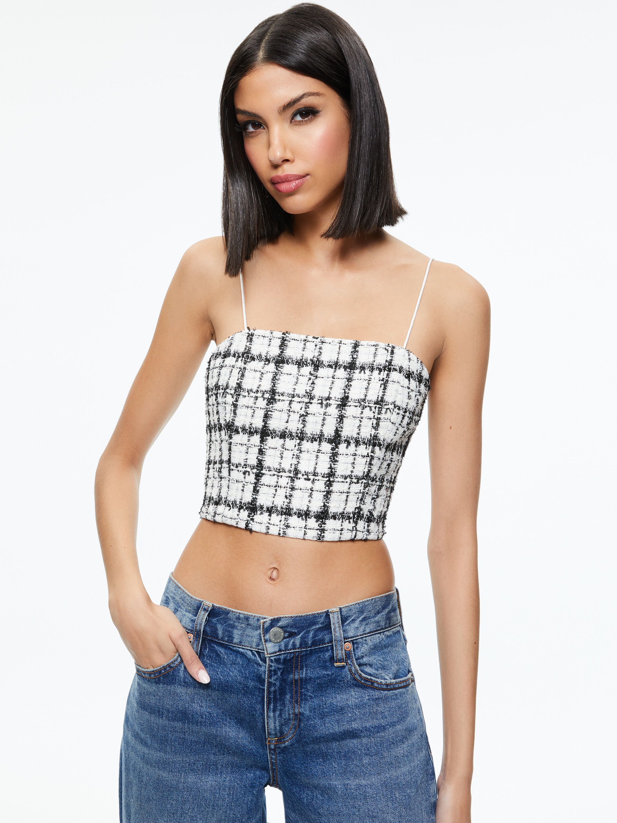 Ceresi Tweed Crop Top In Off White black Alice And Olivia