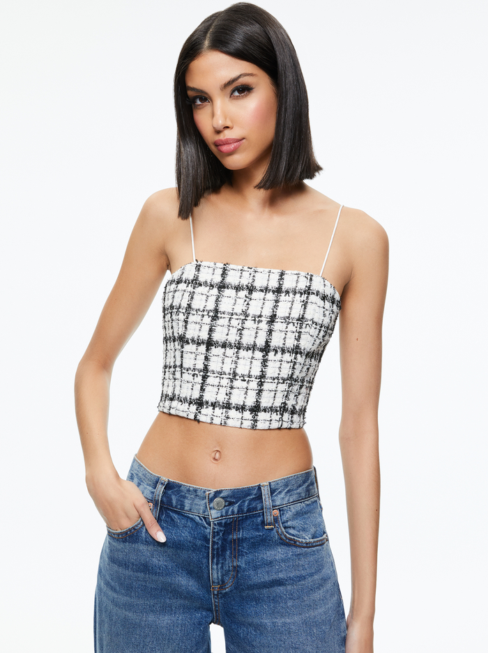 CERESI TWEED CROP TOP - OFF WHITE/BLACK - Alice And Olivia