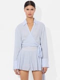 HANNON TIE FRONT BLOUSE - OFF WHITE/BLUE
