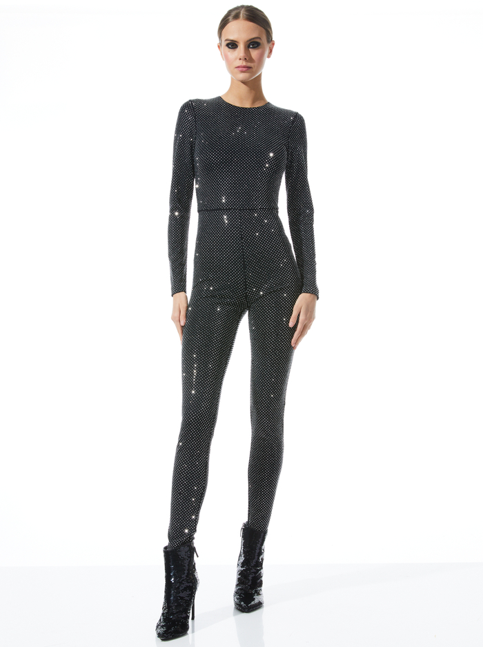 FREDDIE CREWNECK EMBELLISHED CATSUIT - BLACK/SILVER - Alice And Olivia