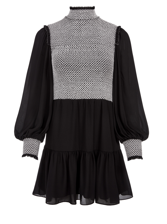 ELVIRA SMOCKED MOCK NECK MINI DRESS  - BLACK/WHITE image 5 - Alice And Olivia