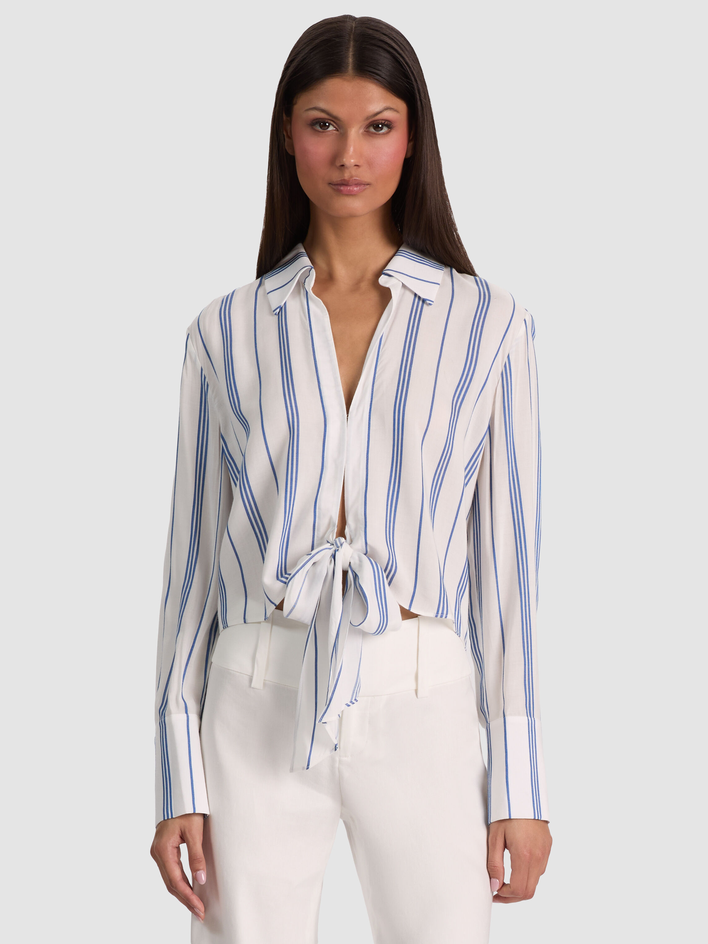 HANNON TIE FRONT BLOUSE in OFF WHITE/BLUE IRIS | ALICE + OLIVIA