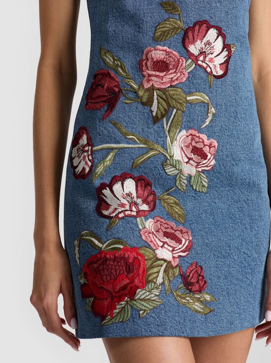 BROOKLYN BLUE/MULTI-CADE EMBROIDERED DENIM MINI DRESS