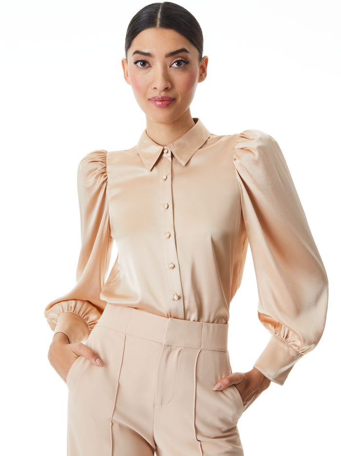 NADINE PUFF SLEEVE BUTTON DOWN - ALMOND - Alice And Olivia