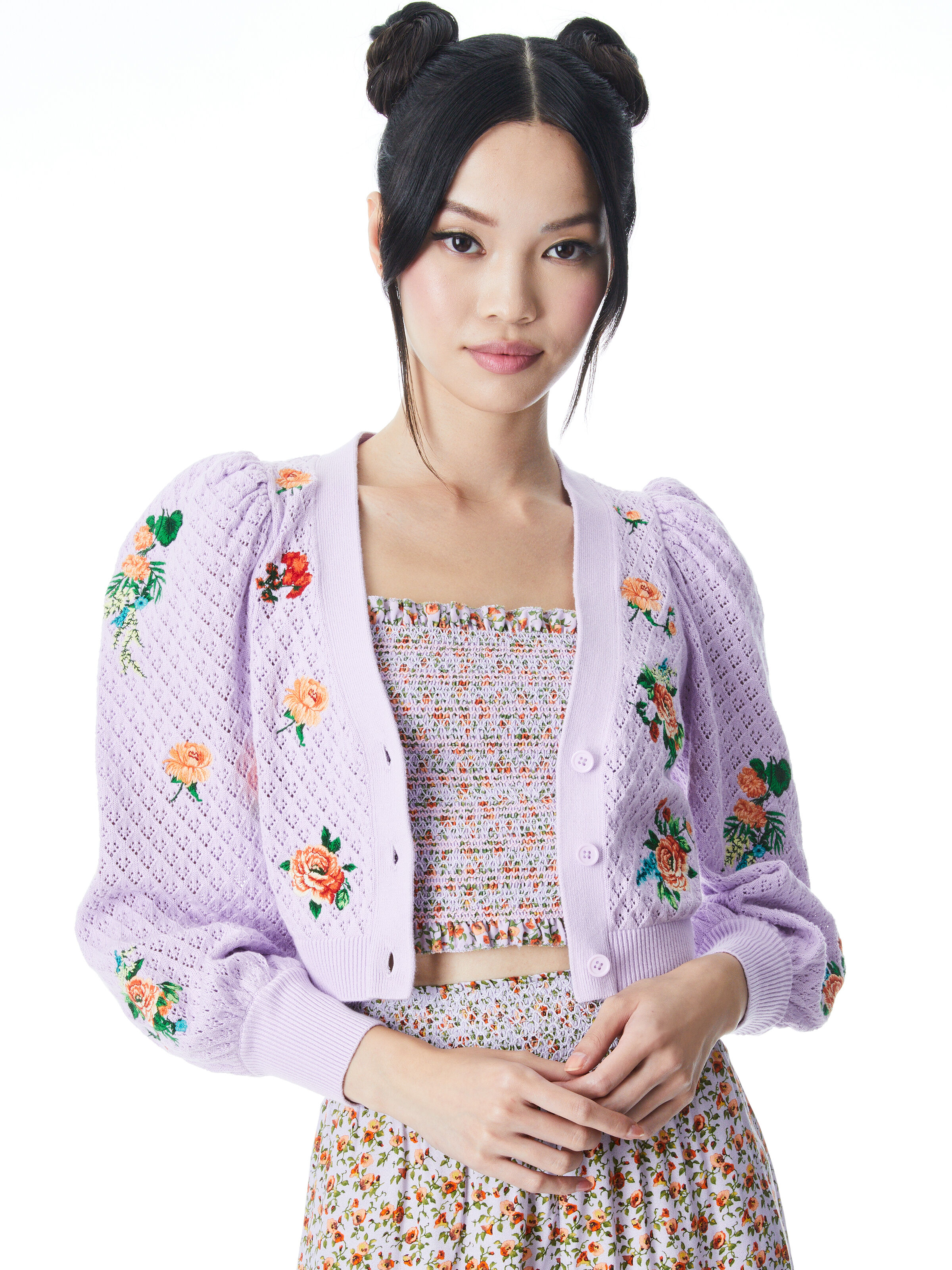 Morita Floral Puff Sleeve Cardigan In Lavender Multi Alice Olivia
