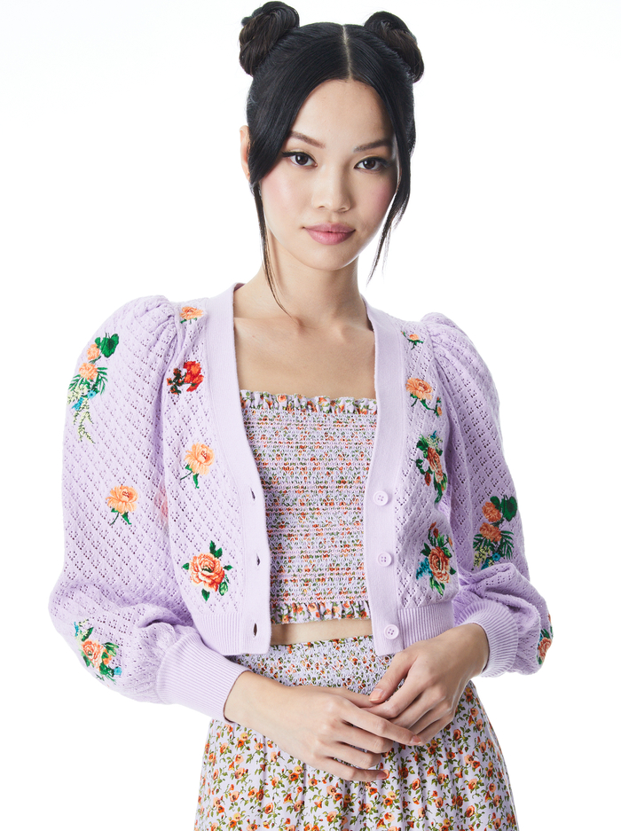 Morita Floral Puff Sleeve Cardigan In Lavender Multi