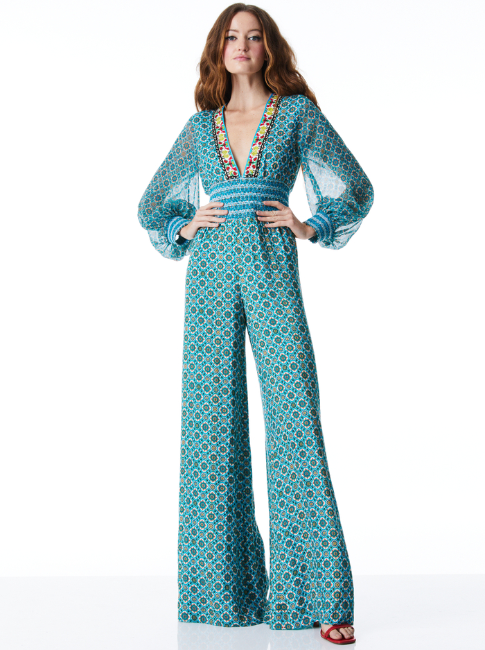 REBA SMOCKED WAIST WIDE LEG JUMPSUIT - WASHED GEO/SUNSHOWER STRIPE - Alice And Olivia