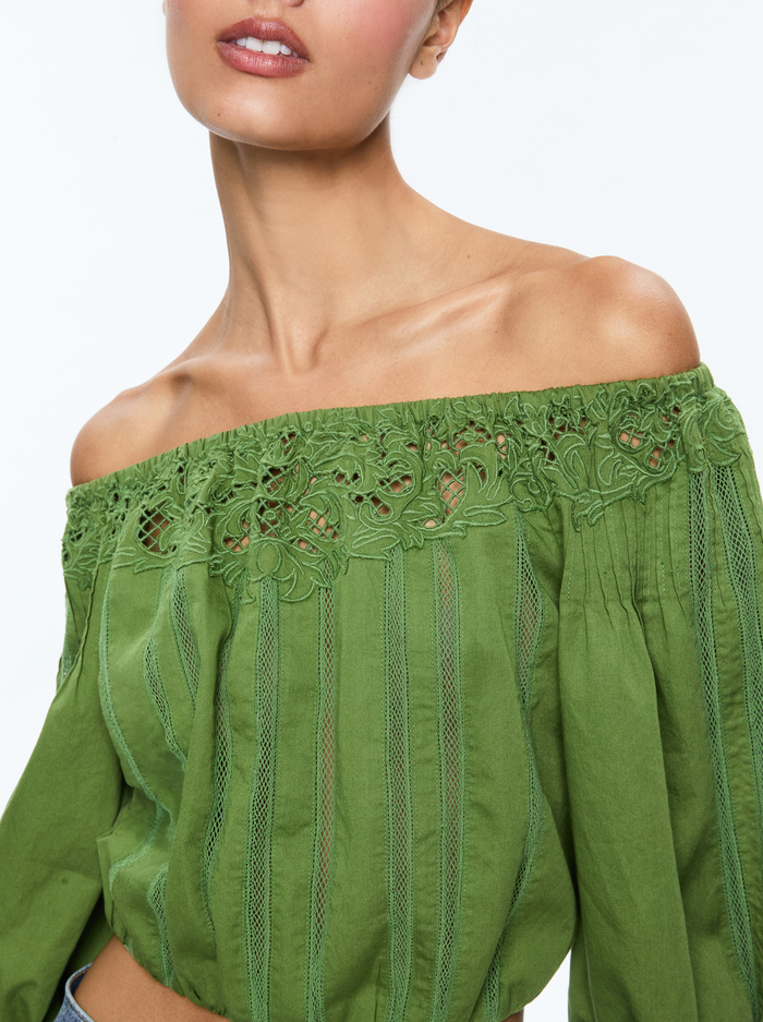 NAN EMBROIDERED OFF THE SHOULDER BLOUSE - AVOCADO image 3 - Alice And Olivia